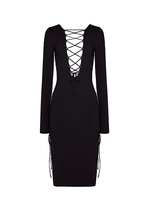 Black Lace Up Jersey Midi Dress, 1