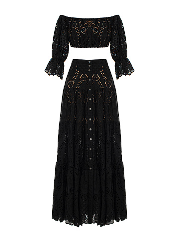 Black Cotton Top & Maxi Skirt Set, 1