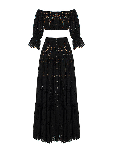 Black Cotton Top & Maxi Skirt Set, 1