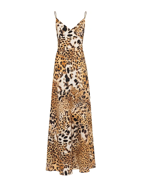 Beige Leopard Print Silk Maxi Dress, 1