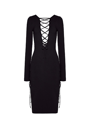 Black Lace Up Jersey Midi Dress, 2