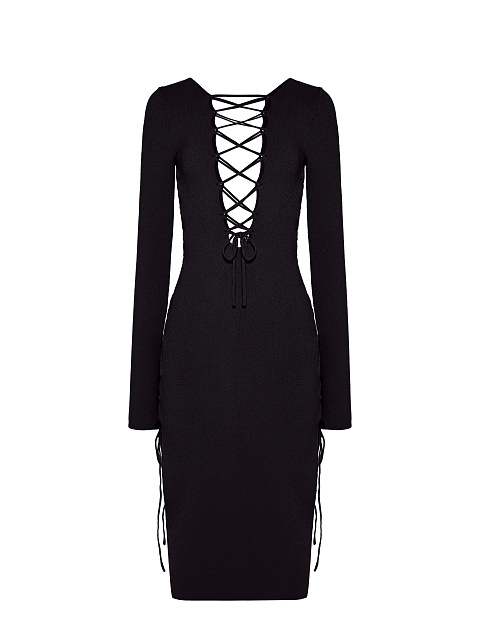 Black Lace Up Jersey Midi Dress, 2