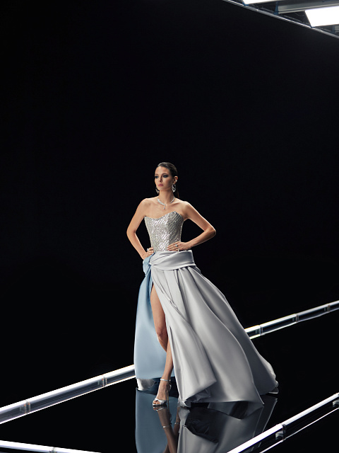 Grey & Light Blue Sequin Taffeta Maxi Dress, 6