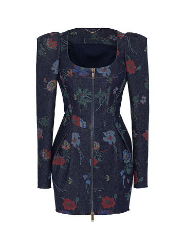 Blue Floral Print Denim Mini Dress, 1