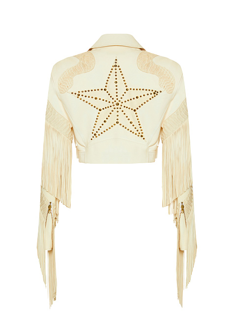 Python Leather Trimmed Fringed Biker Jacket
, 2
