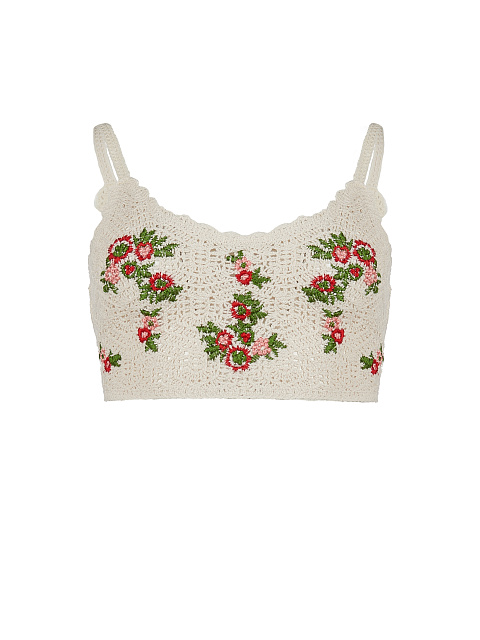 Flower Embroidered Ivory Knitted Top, 1
