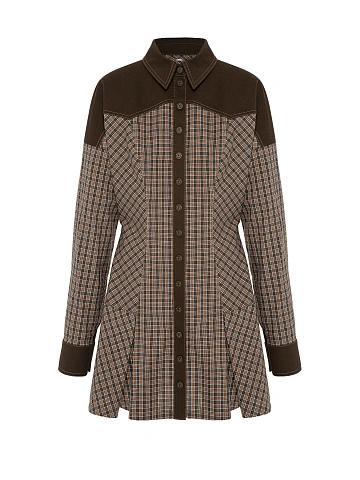 Brown Check Mini Dress With Denim Trim, 1