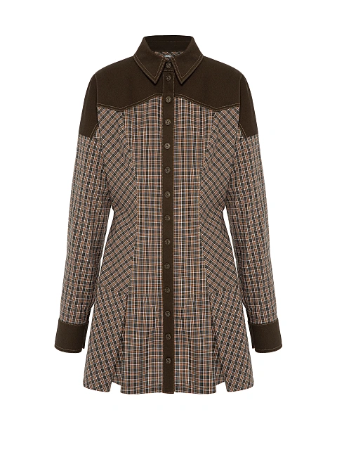 Brown Check Mini Dress With Denim Trim, 1