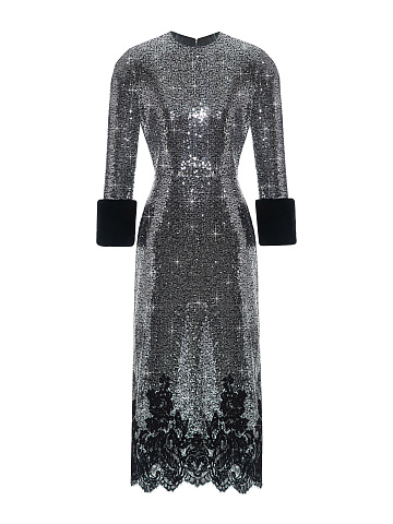 Silver Sequin Lace & Mink Fur Trim Midi Dress, 1