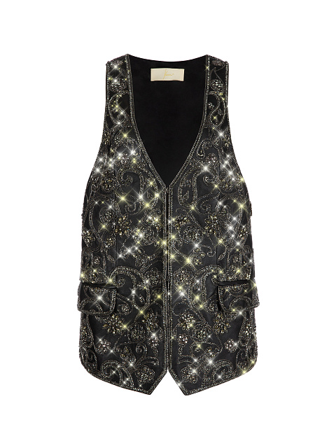Black Leather Crystals Hand Embroidered Vest, 1 Black Leather Crystals Hand Embroidered Vest, 1