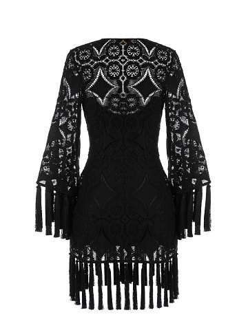 Black Fringed Lace Cotton Wrap Mini Dress, 2