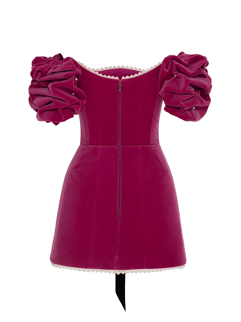 Pink Velvet Mini Dress With Bow, 4