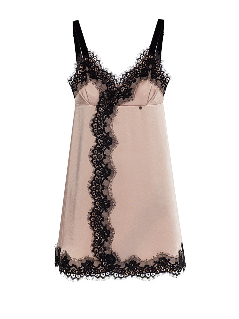 Pale Pink & Black Lace Trim Silk Mini Dress, 1