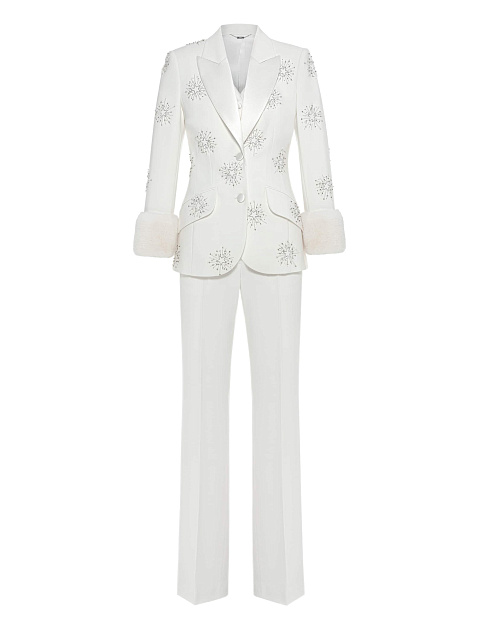 White three-piece suit with embroidery and mink cuffs, 1