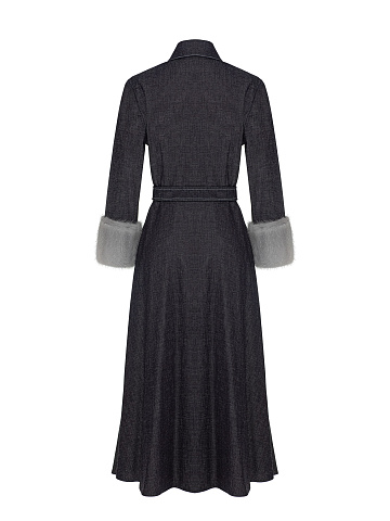 Black Denim Shirt Dress with Fur Cuffs, 2