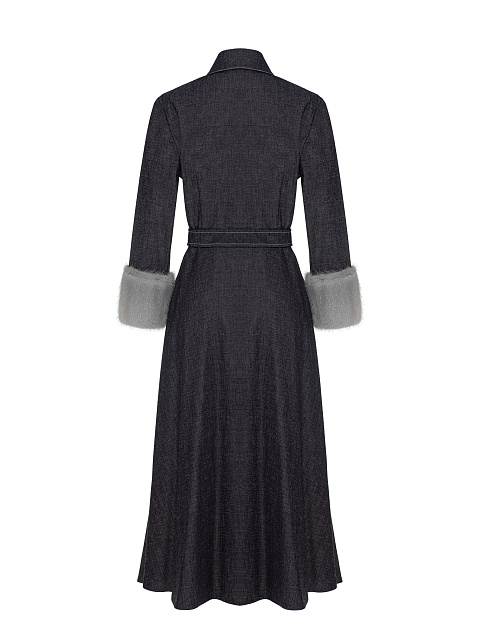 Black Denim Shirt Dress with Fur Cuffs, 2