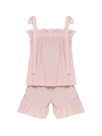 Pink set with tie-front top and ruffled shorts, 2