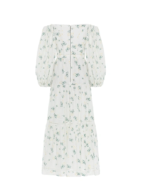 White Floral Print Off Shoulder Midi Dress, 2
