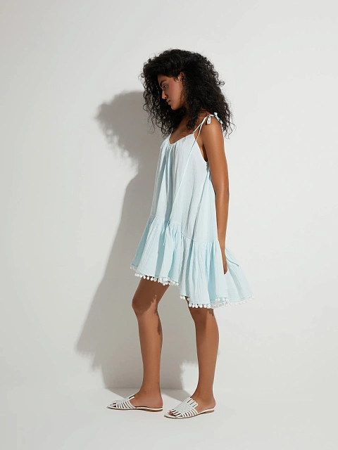 Light Blue Open Back Muslin Mini Dress, 7