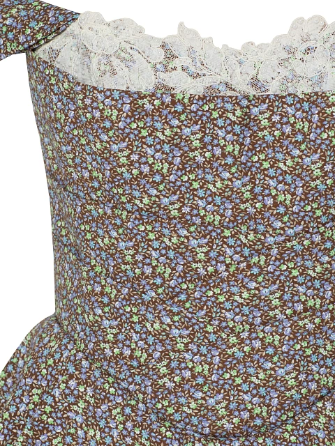 Brown Floral Print Lace Trim Cotton Mini Dress, 3