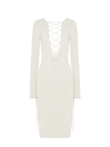 White Lace Up Jersey Midi Dress, 1