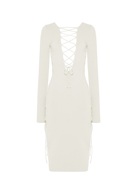 White Lace Up Jersey Midi Dress, 1