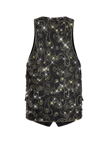 Black Leather Crystals Hand Embroidered Vest, 2