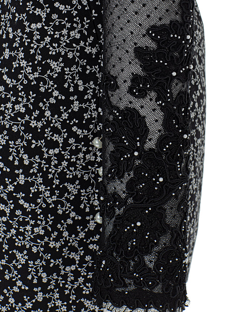 Black Cotton Mini Dress With Floral Print And Lace Sleeves, 4