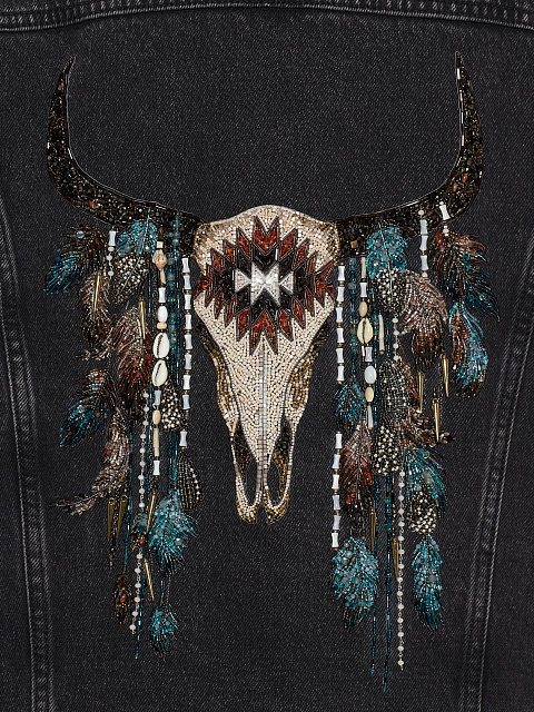 Black Embroidered Denim & Astrakhan Fur Jacket, 3