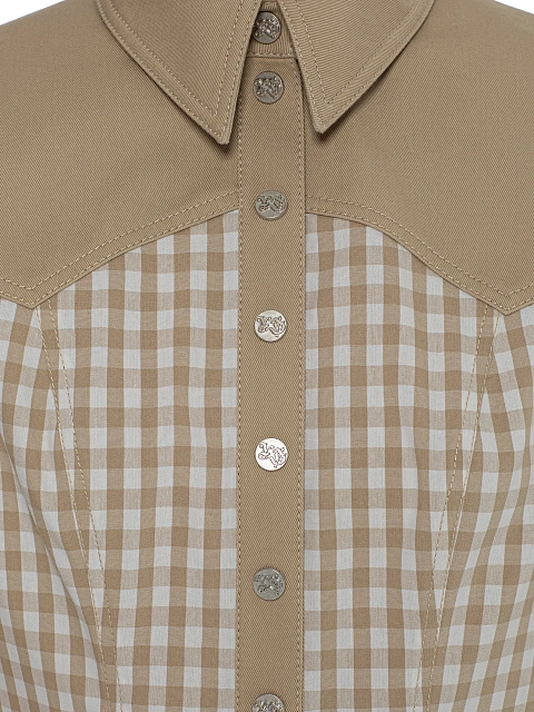 Beige Checked Linen And Denim Dress, 3