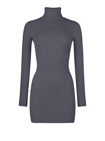 Dark Green Rib Knit Turtleneck Mini Dress, 1