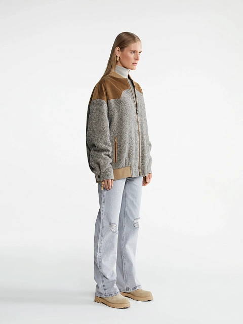 Grey Lurex Boucle Wool Bomber Jacket, 3