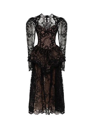 Black Lace Peplum Midi Dress, 1