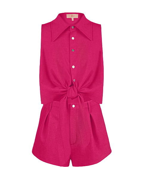 Pink Linen Blouse and Shorts Set, 1