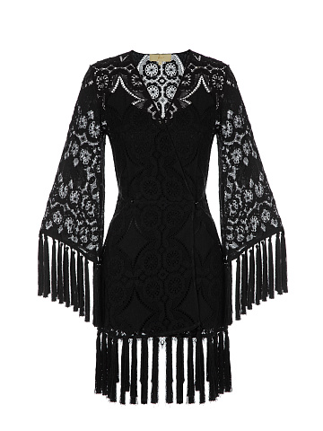 Black Fringed Lace Cotton Wrap Mini Dress, 1