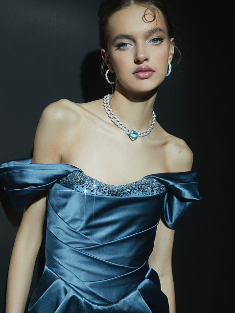 Blue Rhinestones Silk Midi Dress, 3