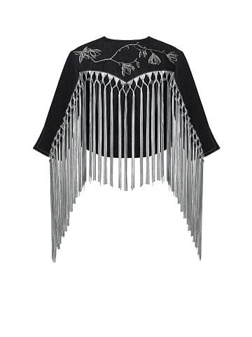 Black Embroidered Fringed Denim Jacket, 2