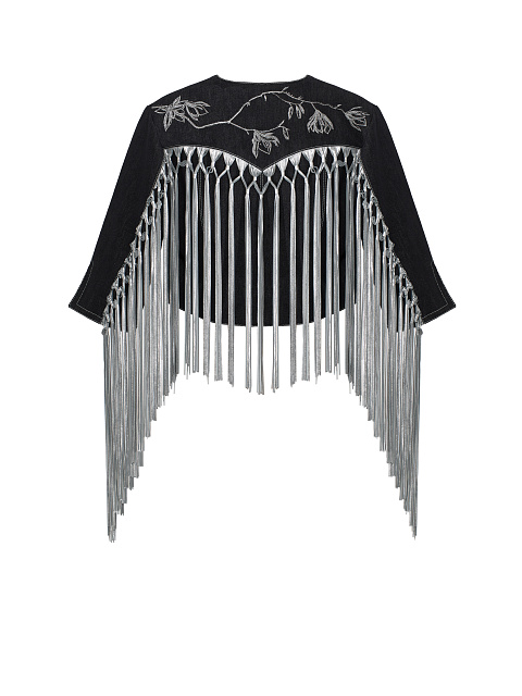 Black Embroidered Fringed Denim Jacket, 2 Black Embroidered Fringed Denim Jacket, 2