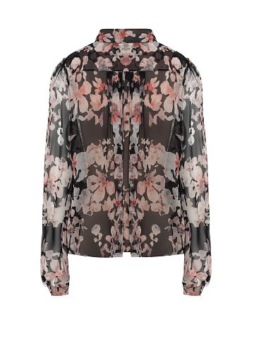 Black Chiffon Blouse With Pink Floral Print, 2