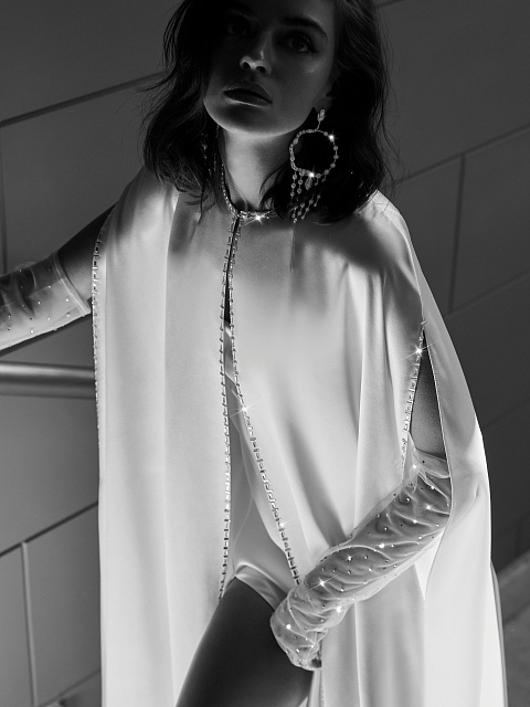 Crystals Trimmed White Silk Maxi Cape, 4