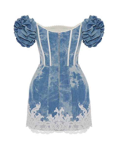 Blue Lace Trim Denim Mini Dress With Puffs, 2