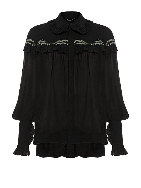 Black Cotton Embroidered Ruffled Shirt, 1