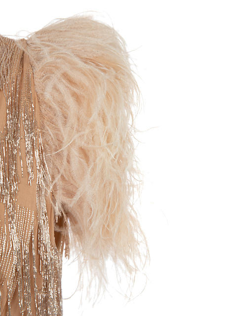 Beige Silk Dress With Sequins & Feathers, 4