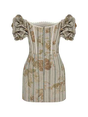 Beige linen mini dress with floral print, 2