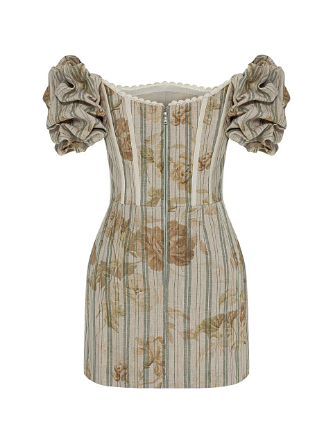 Beige linen mini dress with floral print, 2