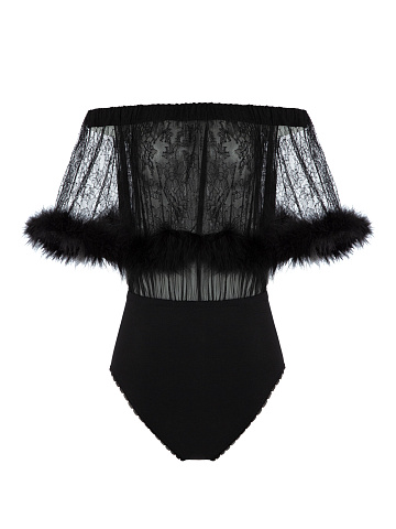 Black lace bodysuit with boa, 1