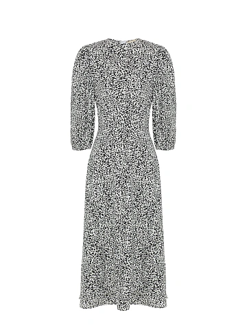 White & Black Printed Lantern Sleeve Midi Dress, 1