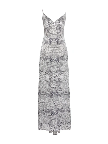 Grey Printed Silk Maxi Dress, 1