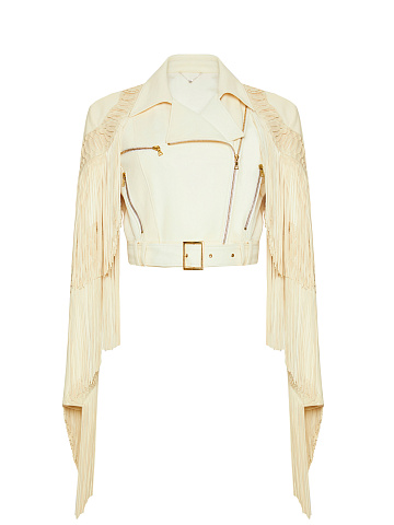 Python Leather Trimmed Fringed Biker Jacket
, 1