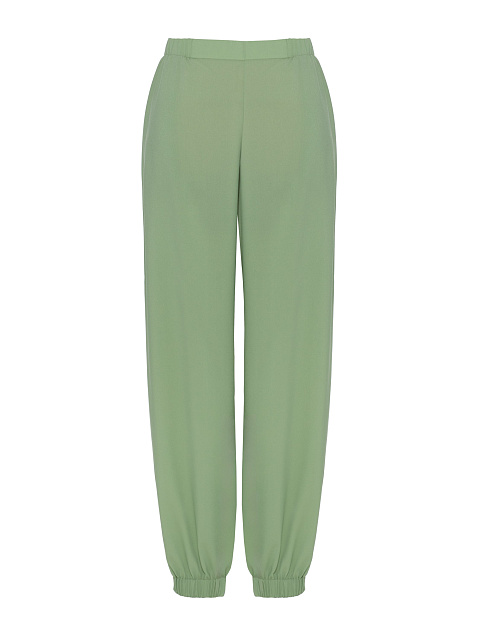 Green crepe silk suit, tunic trimmed with embroidery, joggers with elastic waistband, 3